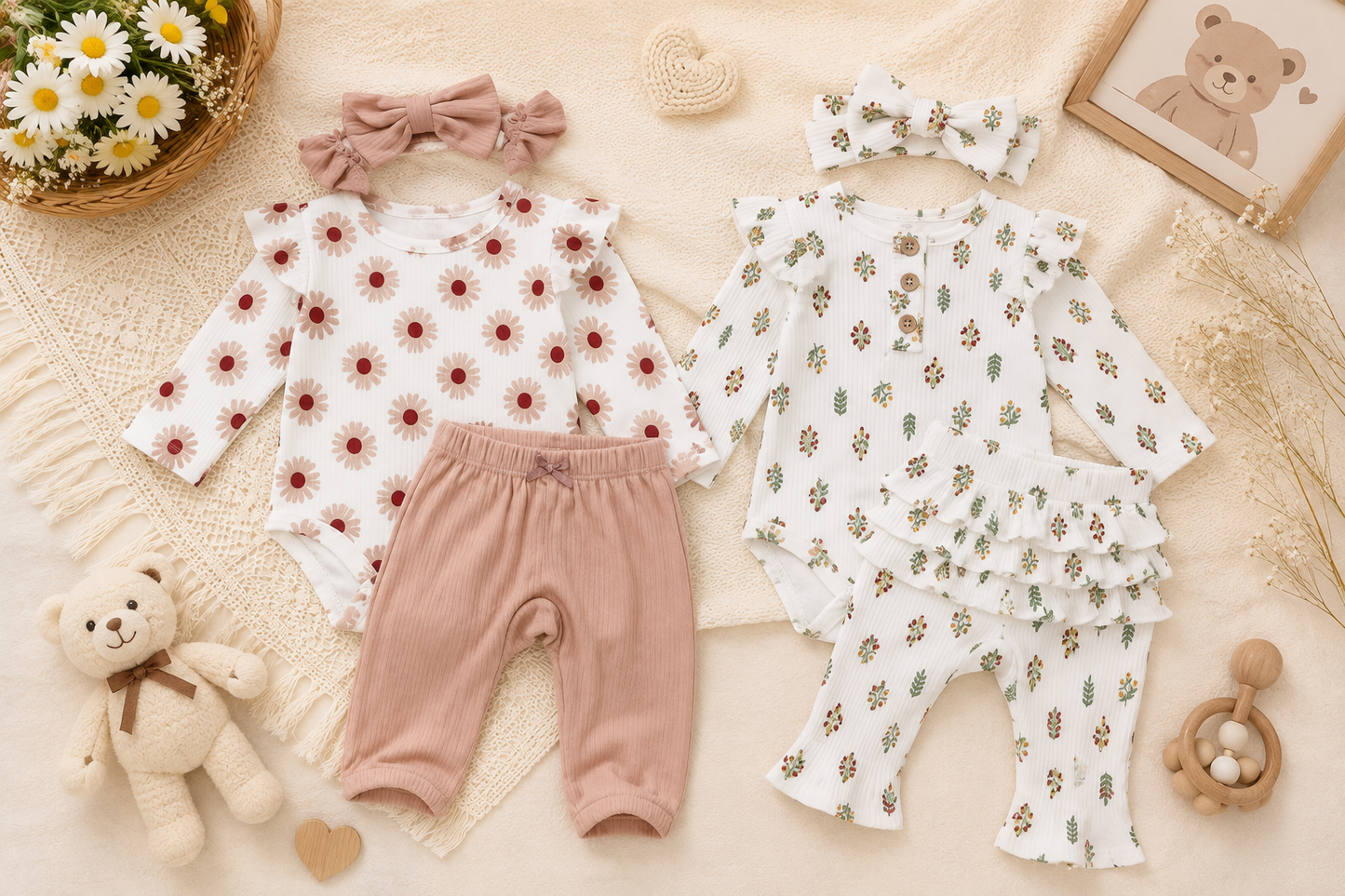 გოგოს 3-ნაწილიანი კომპლექტი ბოდით, შარვლით და თმის ბაფთით